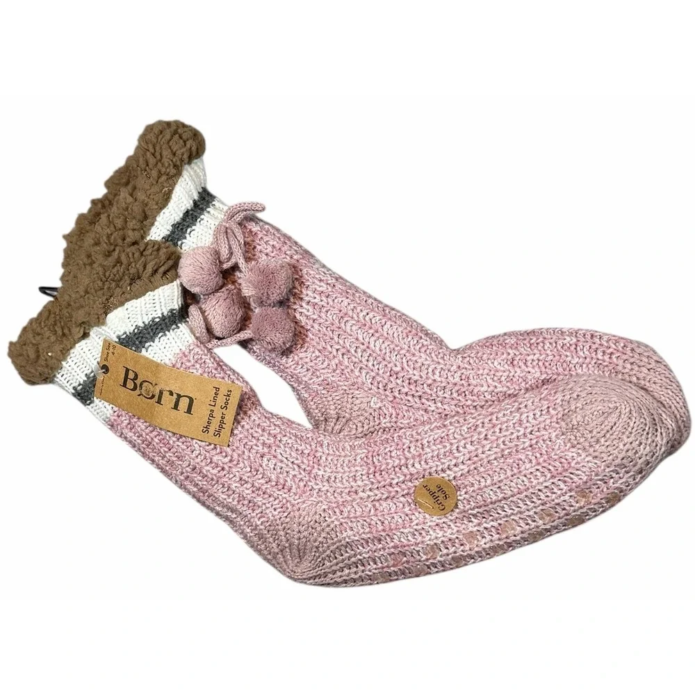 Born Women's Sherpa Lined Slipper Socks - Shoe Size 4-10 Mauve / Cocoa /Pom  NWT